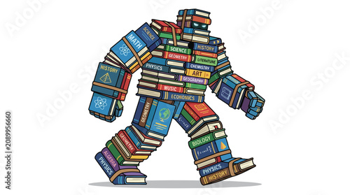 Giant robot character constructed from a pile of educational books for school