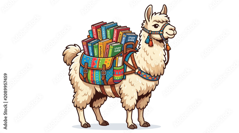 Obraz premium Cute cartoon llama carrying a heavy backpack filled with educational school textbooks