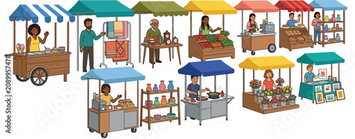 Outdoor Street Food and Craft Market Kiosk Set with Vendors Selling Flowers Fruits Pottery Art and Handmade Goods in Flat Vector Illustration Style