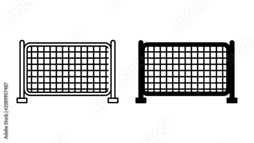 Photos Barrier Icons: Two simple vector icons of temporary construction or crowd control barriers, one in outline and the other in solid black, presented side-by-side