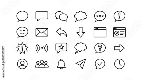 Set of Communication Icons Featuring Chat Bubbles and Social Media Symbols in Minimalist Line Art