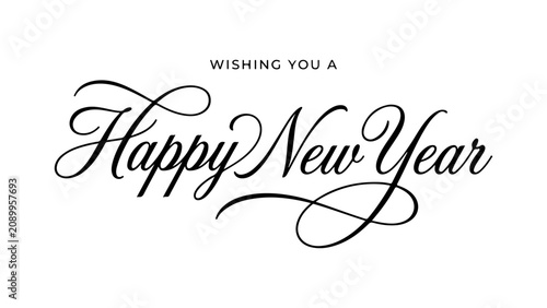 Elegant Happy New Year Calligraphy Text Design on a Clean Minimalist White Background