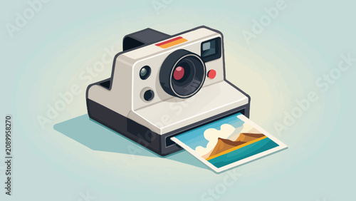 Fotografía Isometric instant camera producing a printed photo with camera gear photography