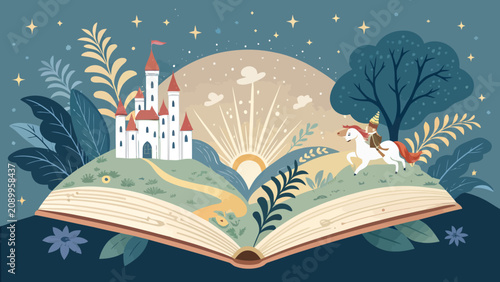 Open fairytale book showing castle and knight in landscape with storybook fairytale illustration landscape adventure imagination children education learning fictional mystical