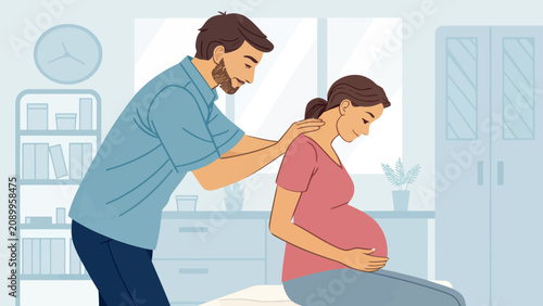 Quadro su tela Man giving prenatal massage to pregnant woman in comfortable home environment wi