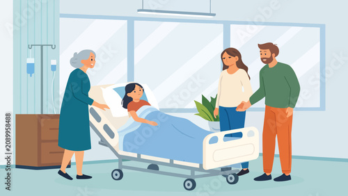 Billede på lærred Family and grandmother visiting sick patient recovering in hospital bed with hos