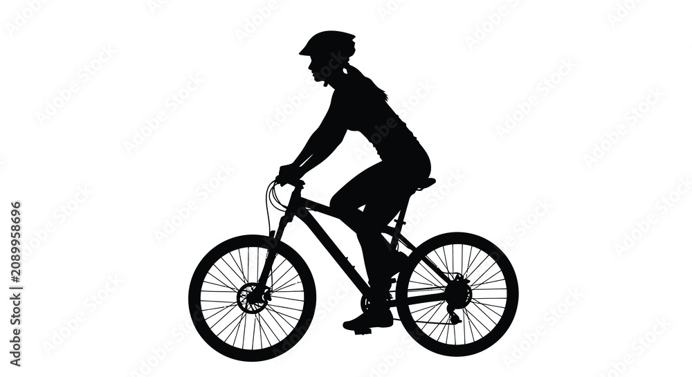 Obraz premium Cyclist riding a mountain bike in profile a dark silhouette against a white background silhouette biker bicycle cycling rider pedaling