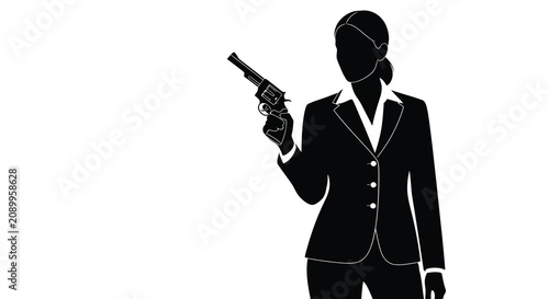 Photography Woman holding revolver in a business suit stark black silhouette female person f