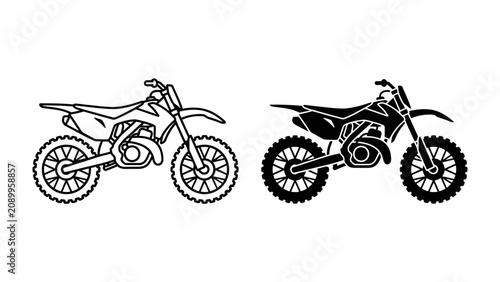 Dirt Bike Silhouettes: Two stylized representations of a dirt bike, one outlined and the other filled in black, showcase the iconic design of a powerful off-road motorcycle.