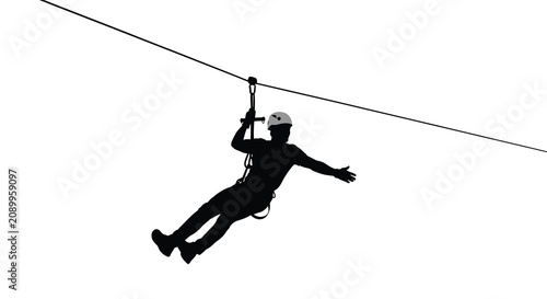 Foto Person riding a zip line with safety harness and helmet black silhouette zipline