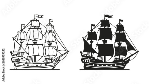 Quadro su tela Galleon Ships in Silhouette and Line Art: Two majestic galleons, one rendered in detailed line art and the other as a bold black silhouette