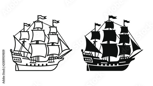 Schilderij op canvas Sailing Ship Icons: Two detailed illustrations of a historical sailing ship, one in outline and the other in solid black, showcasing the classic design of a galleon