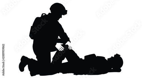 Fotografie Soldier tending to injured person black silhouette against a white background si