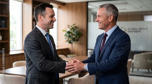 Two businessmen shaking hands in office meeting room