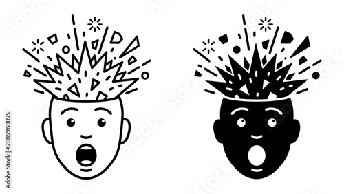 Foto Explosion of Ideas: Two stylized faces with open mouths and wide eyes, symbolizing a sudden burst of inspiration or a mind-blowing realization, with abstract shapes radiating from their heads