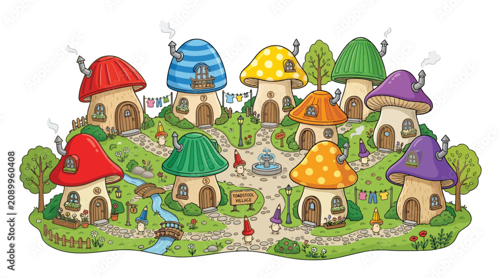 Fototapeta premium Toadstool village with mushroom houses in enchanted forest