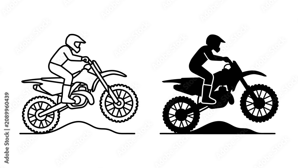 Obraz premium Motocross Rider Jump: A dynamic illustration capturing a motocross rider mid-air, performing an exhilarating jump on a dirt track. Showcasing speed, skill, and the thrill of off-road racing.