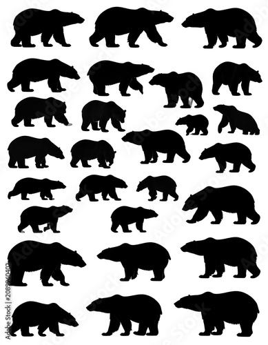 A collection of black bear silhouettes in various sizes and poses