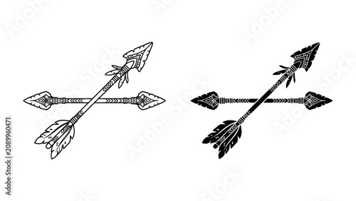 Konstfotografi Crossed Arrows Emblem: A graphic emblem featuring two crossed arrows, one in a vintage sketch style and the other in solid black, symbolizing connection, direction, or conflict