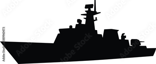 Canvastavla Black silhouette of a modern military naval warship ship at sea for defense and
