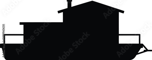 Foto Simple black silhouette icon of a houseboat on water showing a side profile view