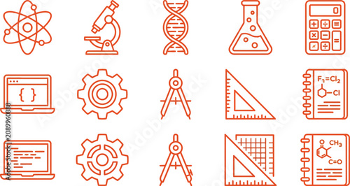 Collection of fifteen stem education line icons for science technology engineering and math class