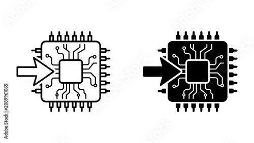 Bild auf Leinwand Microchip Processing Icon: A graphic representation of a microchip with an arrow indicating data input, shown in both outline and filled black versions for versatility