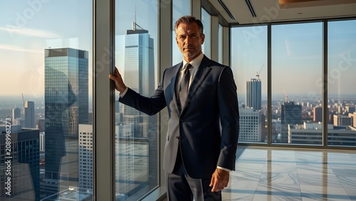 Confident businessman standing by office window with city skyline view
