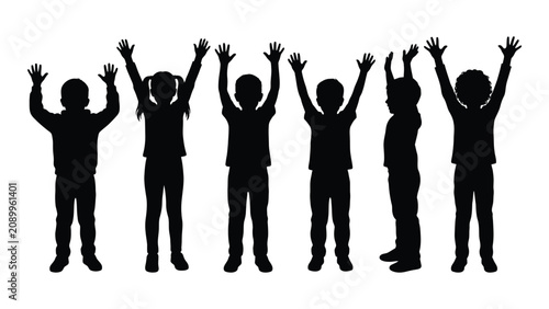 Fotografie Black silhouettes of people raising hands in celebration