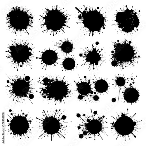 A collection of black ink splatters on white background