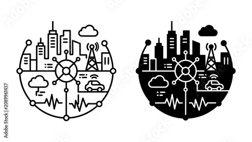 Obraz na płótnie Smart City Infographic: A stylized representation of a smart city ecosystem, showcasing interconnected elements like buildings, wireless signals, autonomous vehicles, weather data