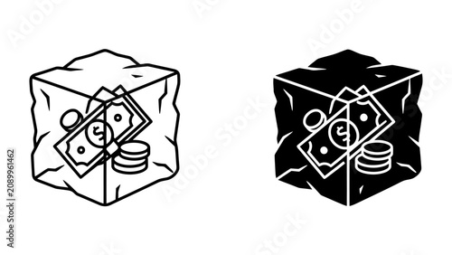 Fotografía Frozen Assets: A stylized illustration depicts currency, including banknotes and coins, encased within a block of ice, symbolizing financial stagnation or frozen capital