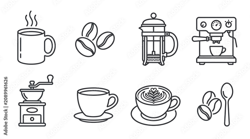 Obraz premium Coffee beans and cups with various brewers on table