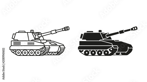 Photos Armored Vehicle Line Art and Silhouette: A detailed line art and bold silhouette illustration of a military tank, showcasing its powerful design and formidable presence