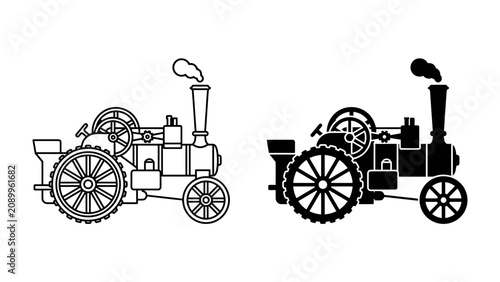 Schilderij op canvas Steam Traction Engine: A detailed illustration of a steam traction engine, presented in both line art and silhouette form, showcasing its iconic wheels, chimney emitting smoke