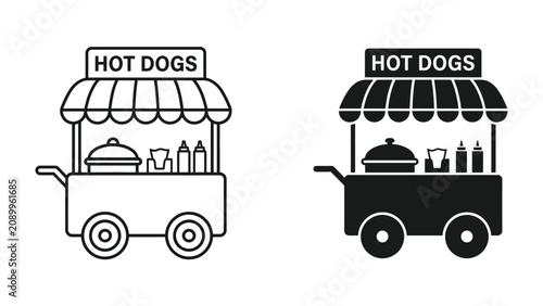 Hot Dog Cart Icon: A simple and clear illustration of a hot dog cart, featuring a striped awning and serving containers, available in both outline and silhouette forms.