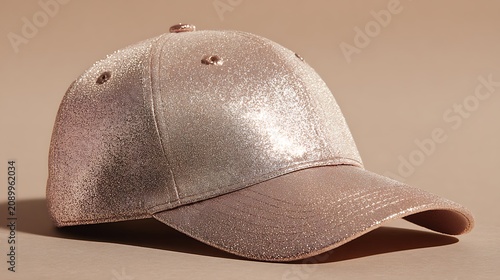 Rose gold glitter baseball cap isolated on a light beige background