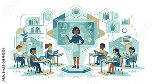 Illustration of a diverse teacher standing confidently in front of a large digital screen with students sitting at desks, surrounded by educational icons and graphics in a modern classroom