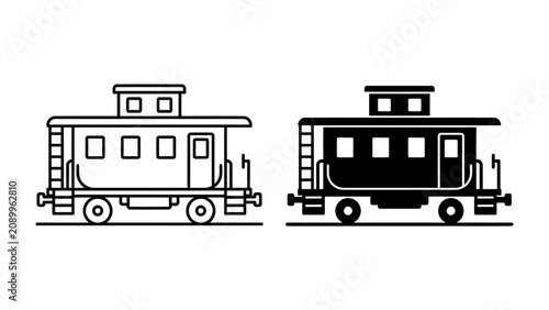 Quadro su tela Train Caboose Icons: A classic train caboose presented in two iconic styles, one in outline and the other in solid black, symbolizing vintage railway transport and industrial heritage