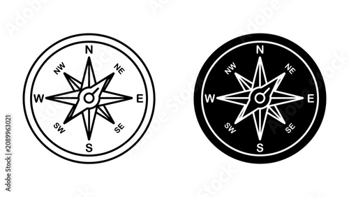 Tableau sur toile Compass Rose Duo: Two compass rose symbols, one outlined and one filled, displaying cardinal directions, symbolizing navigation, direction, and exploration
