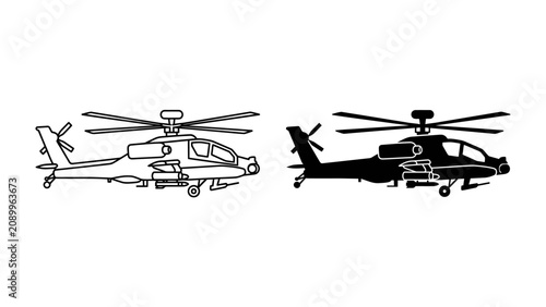 Photos Attack Helicopter Silhouettes: A detailed line art illustration and a solid silhouette of an attack helicopter, showcasing its formidable design and weaponry, ready for action