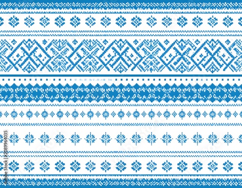 A collection of blue and white horizontal stripes with intricate geometric patterns