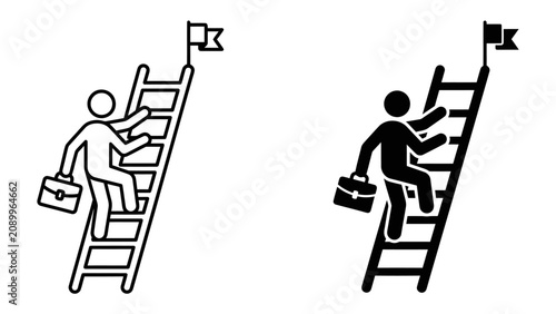 Canvas Print Climbing the Ladder of Success: A determined businessman in a suit, carrying a briefcase, ascends a ladder towards a flag at the summit, symbolizing ambition and career progression
