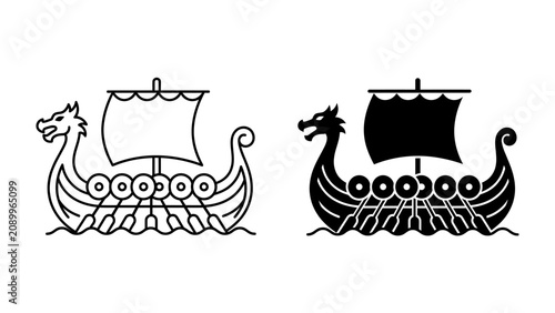 Fotografi Viking Ship Design: Two stylized illustrations of a Viking longship, one in outline and the other in solid black silhouette, showcasing a dragon figurehead and oars