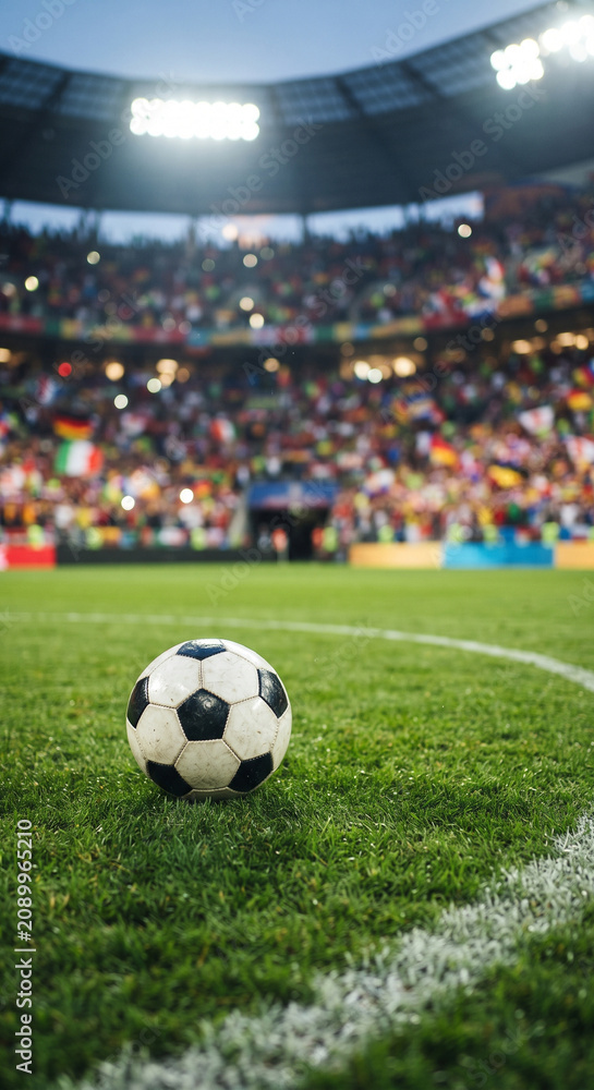 Fototapeta premium Soccer ball on a green stadium pitch with bright lights and a blurred colorful crowd behind, framed at field level during a game