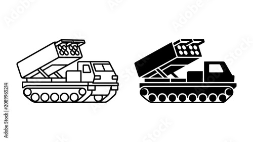 Tableau sur toile Rocket Launcher Iconography: A stark black and white illustration of a rocket launcher, showcasing its powerful design with a tracked chassis and a barrage of missiles ready for deployment