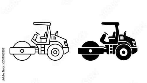 Fotografie Road Roller Icons: Two detailed illustrations of a road roller, one in outline a