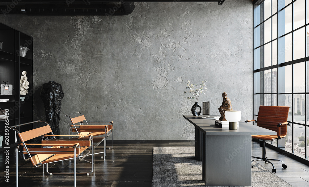 Fototapeta premium Modern office interior in loft, industrial style, 3d render
