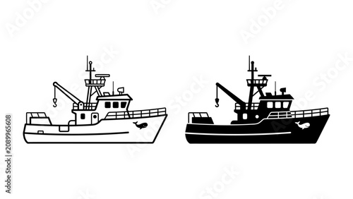 Fotografie Fishing Trawler Duo: A set of two detailed illustrations of a fishing trawler, one in outline and the other as a silhouette, showcasing the vessel's structure and industrial design