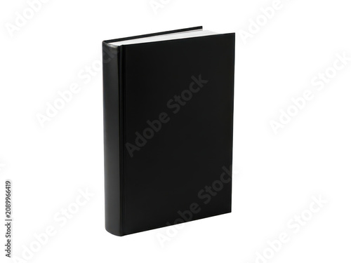 A single blank black notebook standing upright isolated on a white background isolated on transparent background
